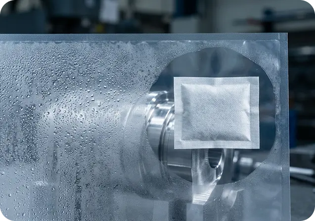 Efecto de sobre desecante eliminando la condensación y humedad en un empaque industrial.